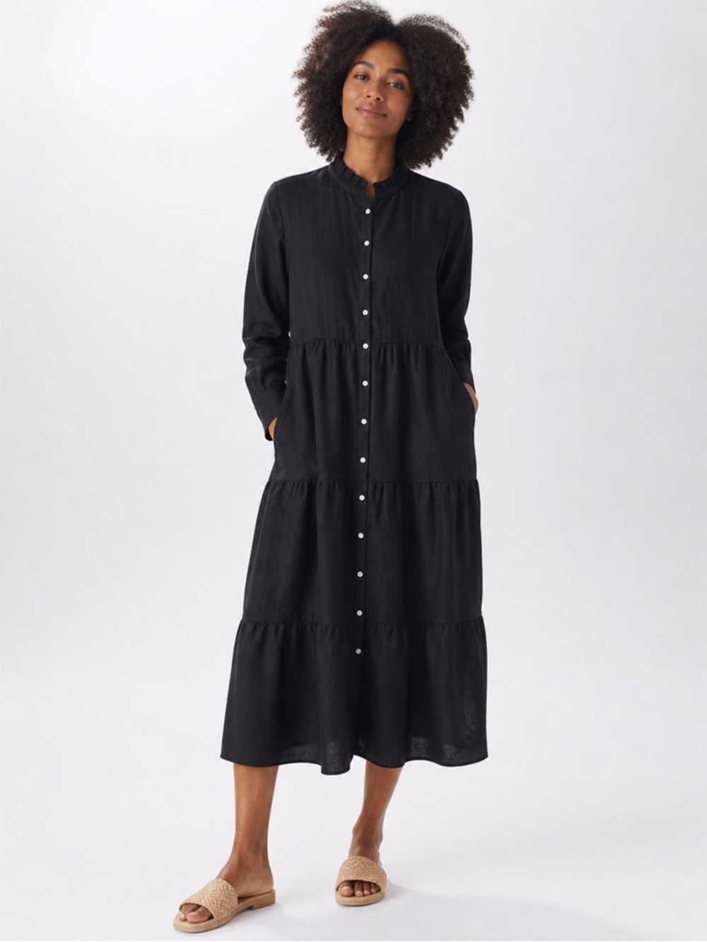 NWT - Alice Walk - Tiered Linen Midi Shirt Dress - Black